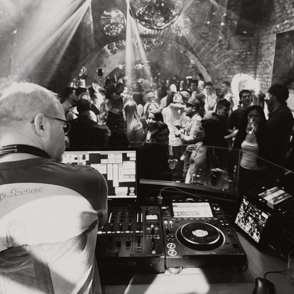 Black and white DJ performance